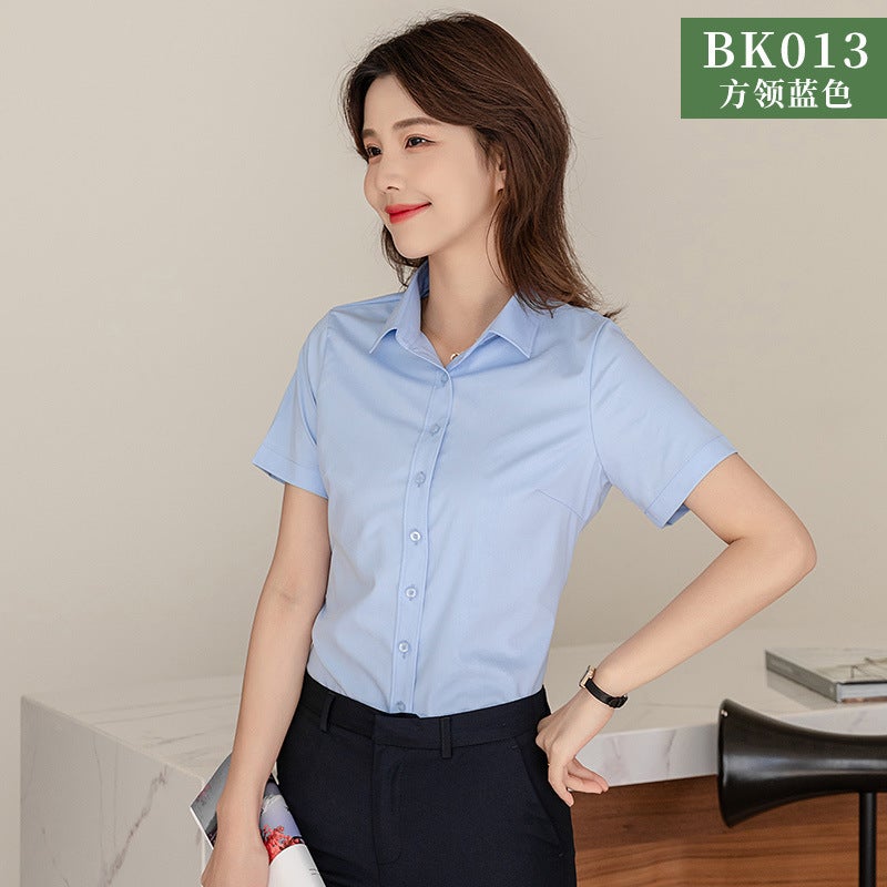 Bamboo fiber new business clothes OL white shirt womens long short sleeve large size overalls comfortable ladies shirt wholesale bk013 (short sleeve) square collar blue