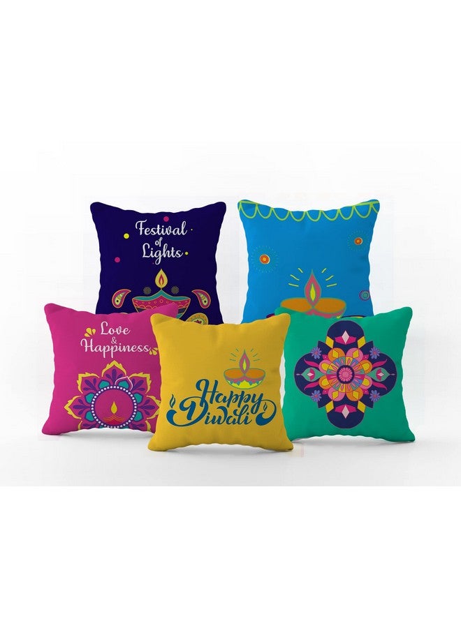 HOOPY Set of 5 Designer Decorative Throw Pillow/Cushion Covers (16 inch x 16 inch, Happy Diwali Print) - Image 4