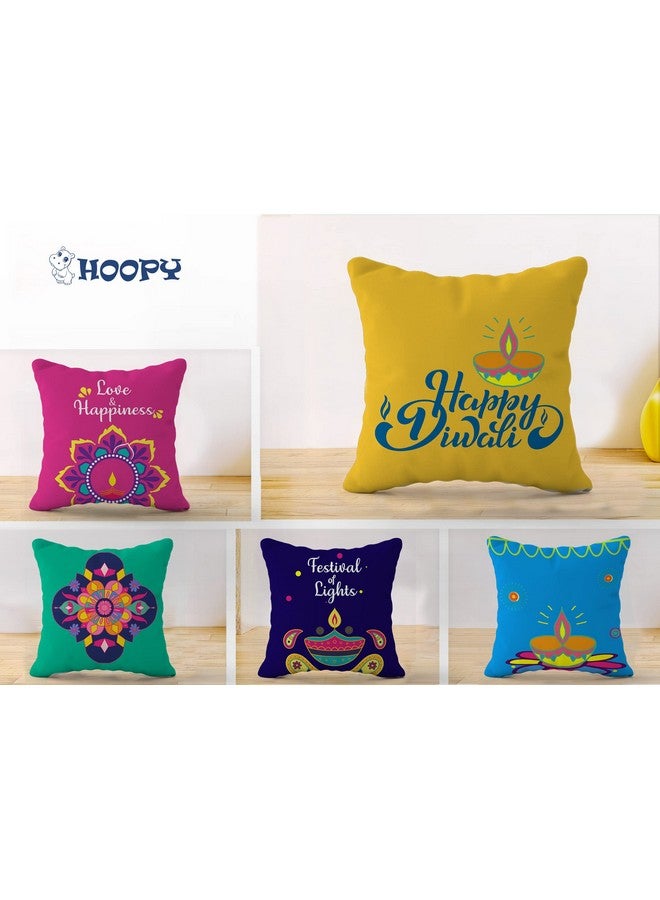 HOOPY Set of 5 Designer Decorative Throw Pillow/Cushion Covers (16 inch x 16 inch, Happy Diwali Print) - Image 2