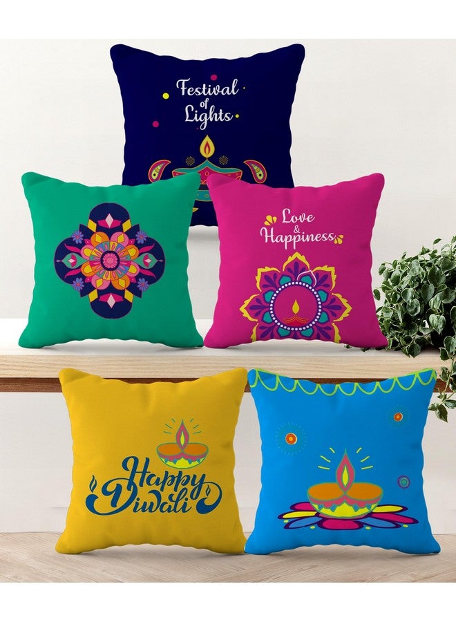 HOOPY Set of 5 Designer Decorative Throw Pillow/Cushion Covers (16 inch x 16 inch, Happy Diwali Print) - Image 1