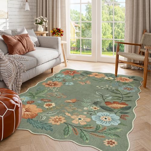 La Home Lahome Floral Washable Rugs, 4X6 Rug for Bedroom Ultra-Thin Soft Dining Room Rug, Non-Slip Living Room Rugs Stain Resistant Boho Rug Lightweight Low-Pile Throw Rug for ‎Office (4x6ft,Green) - Image 3