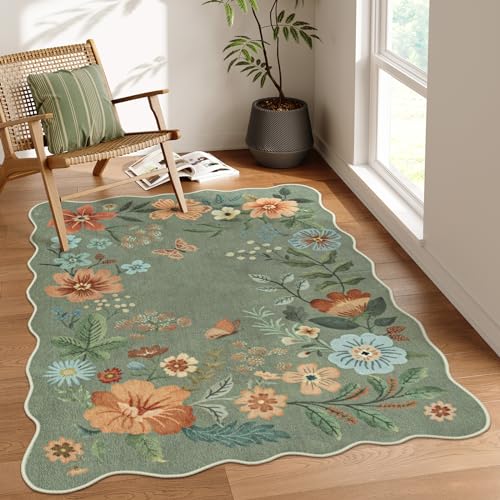 La Home Lahome Floral Washable Rugs, 4X6 Rug for Bedroom Ultra-Thin Soft Dining Room Rug, Non-Slip Living Room Rugs Stain Resistant Boho Rug Lightweight Low-Pile Throw Rug for ‎Office (4x6ft,Green) - Image 1