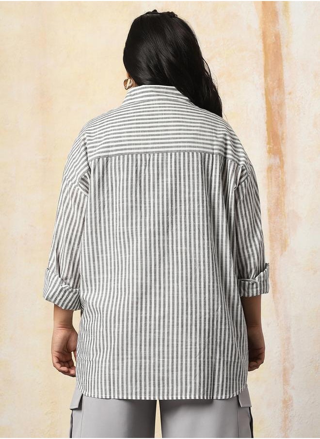 HIGH STAR - Women Oversized Fit Opaque Casual Cotton Striped Shirt - Image 1