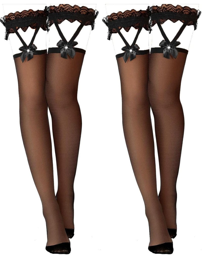 KASTWAVE Bow Thigh High Socks 2 Pairs Lace Hold up Stockings Women's Suspender Stockings for Cosplay Costumes Daily Favors - Image 1