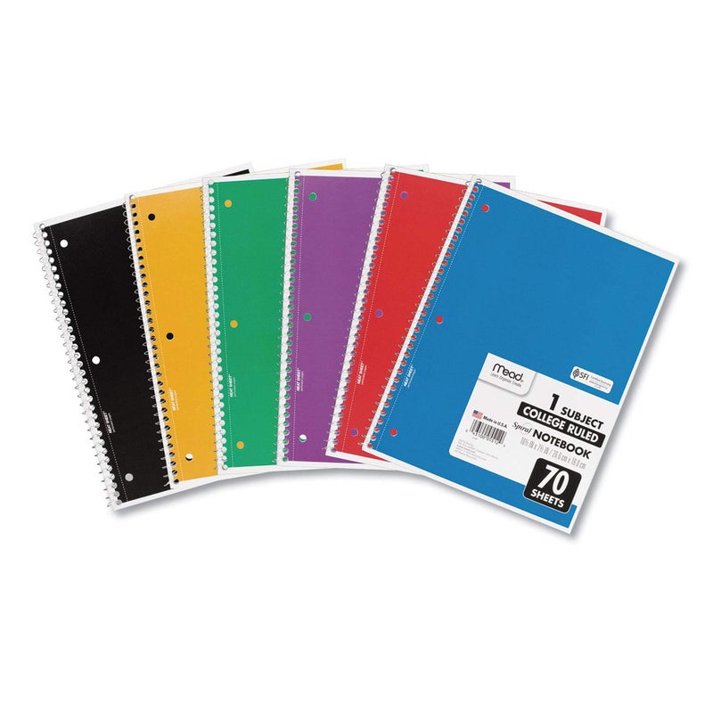 Mead دفتر ملاحظات ميد الحلزوني، 6 عبوات، مادة واحدة، ورق مقاس الكلية، 7-1/2" × 10-1/2"، 70 ورقة لكل دفتر، الألوان ستختلف (830062-ECM25) - Image 1
