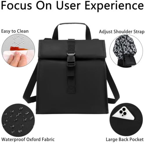 GYEUKHAM Insulated Lunch Bag for Men/Women/Kids, Roll top Reusable Lunch Box with Adjustable Shoulder Strap, Thermal Lunch Cooler Tote Container for Adults/Teens School Work Office Picnic,Black - Image 4