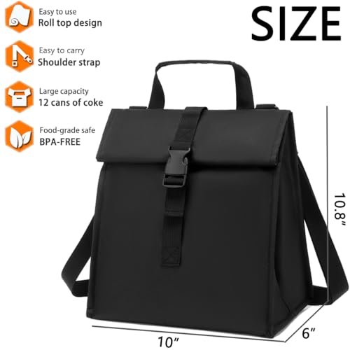 GYEUKHAM Insulated Lunch Bag for Men/Women/Kids, Roll top Reusable Lunch Box with Adjustable Shoulder Strap, Thermal Lunch Cooler Tote Container for Adults/Teens School Work Office Picnic,Black - Image 3