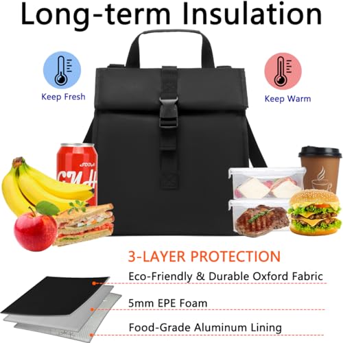 GYEUKHAM Insulated Lunch Bag for Men/Women/Kids, Roll top Reusable Lunch Box with Adjustable Shoulder Strap, Thermal Lunch Cooler Tote Container for Adults/Teens School Work Office Picnic,Black - Image 2
