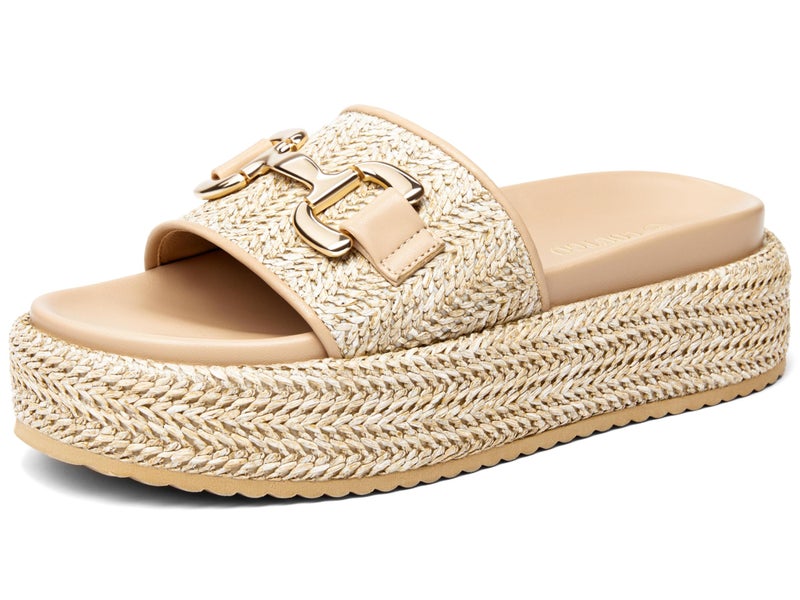Coutgo Womens Platform Sandals Raffia Espadrilles Metal Chain Slip on Open Toe Cute Beach Slide Sandals - Image 1