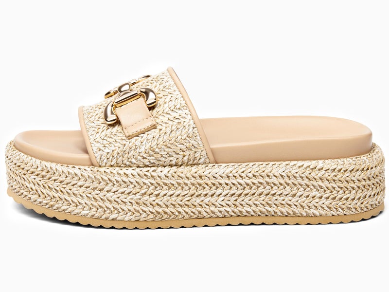 Coutgo Womens Platform Sandals Raffia Espadrilles Metal Chain Slip on Open Toe Cute Beach Slide Sandals - Image 2