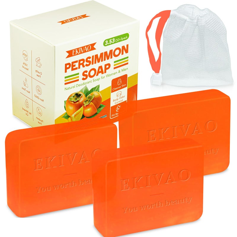 EKIVAO 3Pack Natural Persimmon Soap Bar for Body Odor Control, Organic Deodorant Body Persimmon Bar Soap for Old People Smell, Remove Odor Bath Soap for Women & Men - Image 1