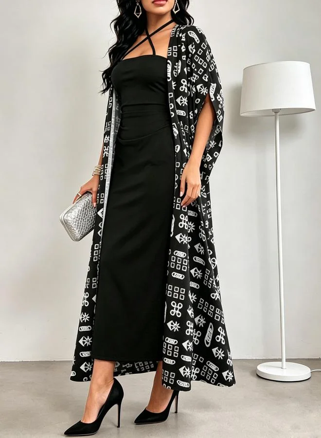 تايك تو Black Halter Neck Maxi Dress And Printed Kimono Co-Ord Set