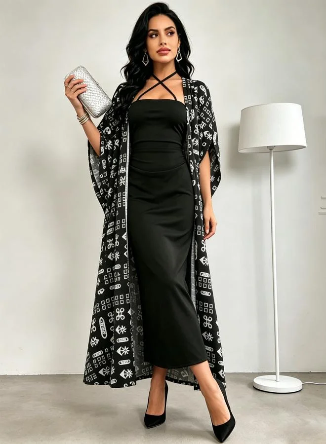 تايك تو Black Halter Neck Maxi Dress And Printed Kimono Co-Ord Set