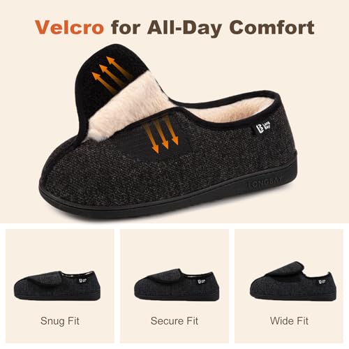 LongBay Womens Adjustable Slippers Memory Foam Cozy Wide Diabetic House Shoes Edema Orthopedic Neuropathy Indoor Outdoor (9B(M), Black) - Image 3