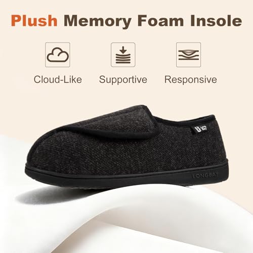 LongBay Womens Adjustable Slippers Memory Foam Cozy Wide Diabetic House Shoes Edema Orthopedic Neuropathy Indoor Outdoor (9B(M), Black) - Image 5