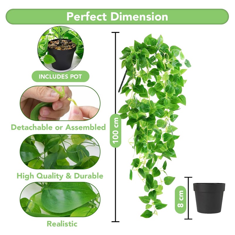 Ekhasa Golden Pothos Hanging Artificial Plants with Pot Set of 2 Money Plant Artificial Hanging Plants for Home Decor Falling Creepers Climbers Green Fake Vines with Hanging Pots Devils Ivy - Image 4