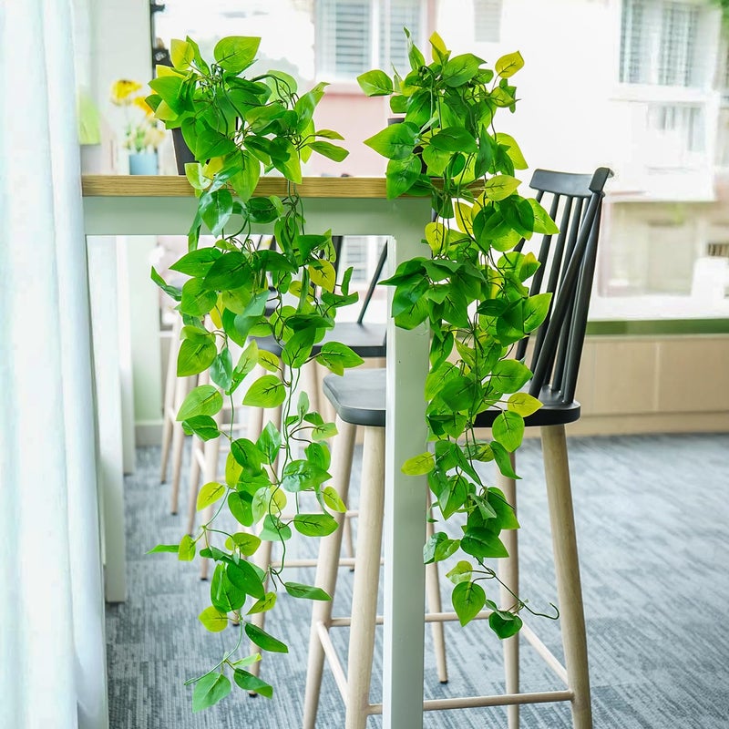 Ekhasa Golden Pothos Hanging Artificial Plants with Pot Set of 2 Money Plant Artificial Hanging Plants for Home Decor Falling Creepers Climbers Green Fake Vines with Hanging Pots Devils Ivy - Image 2