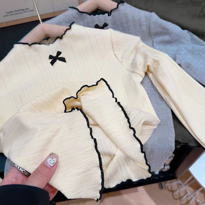 Girls' T-Shirt Baby'S Western Style Children'S Personalized Trendy Brand Korean Color-Matching Ear-Fringed Bow Base Shirt - Image 4