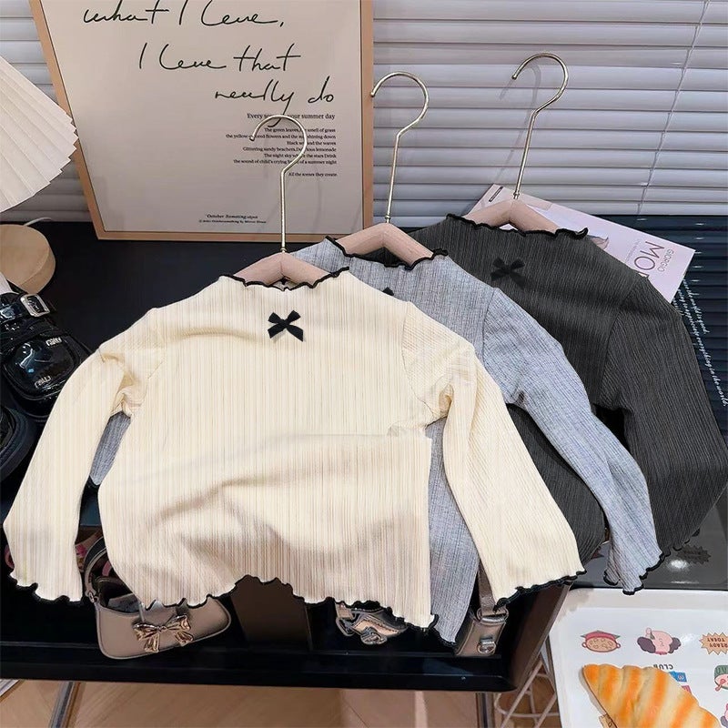 Girls' T-Shirt Baby'S Western Style Children'S Personalized Trendy Brand Korean Color-Matching Ear-Fringed Bow Base Shirt - Image 2