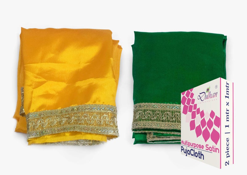 Dulhan Pack of 2 (1 Meter) Silk Satin Green & Yellow Pooja Cloth for Home Mandir, Temple, Pooja Ghar, Diwali, Navratri, Ganpati Puja Table, God Chowki Kapda, Multipurpose Sartin Altar Cloth Chunri by Dulhan - Image 1