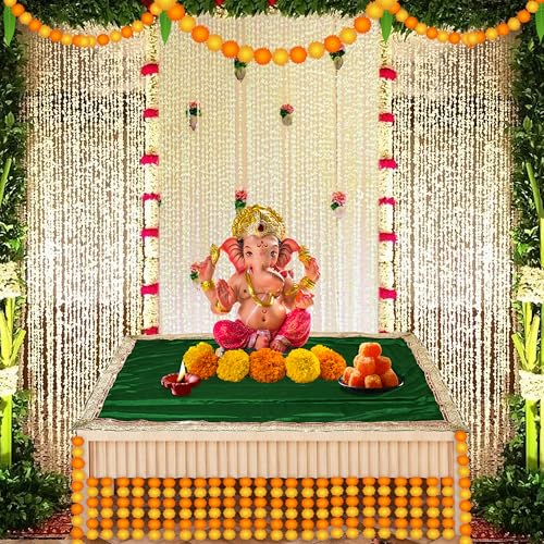 Dulhan Pack of 2 (1 Meter) Silk Satin Green & Yellow Pooja Cloth for Home Mandir, Temple, Pooja Ghar, Diwali, Navratri, Ganpati Puja Table, God Chowki Kapda, Multipurpose Sartin Altar Cloth Chunri by Dulhan - Image 5