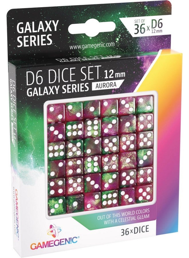 Gamegenic Galaxy Series Aurora D6 Dice Set - Set of 36 Six-Sided Dice - Premium Quality Resin Dice for Dice Games, Board Games and Card Games - Cosmic Glittering Design Green and Purple - Made - Image 1