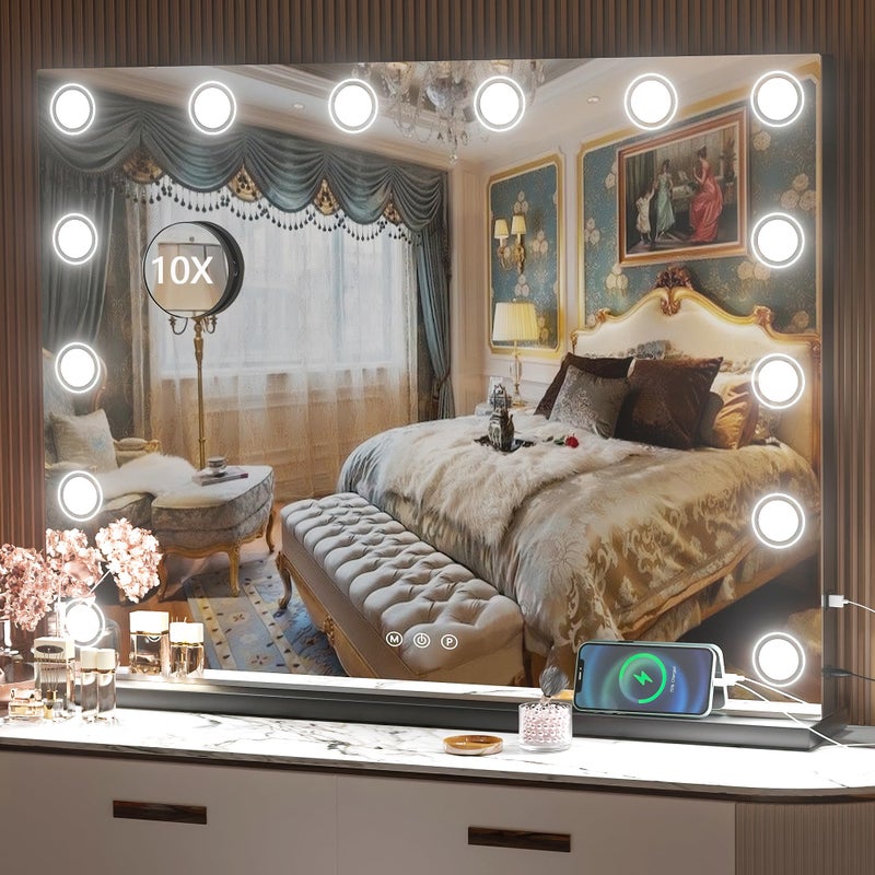 Hasipu Vanity Mirror with Lights 32 x 24 Makeup Mirror Light up Mirror with 14 Dimmable LED Lights and 10X Magnification 3 Colors Modes Touch Control USB Charging Port Black