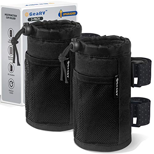 GEARV 2Pack Cup Holder for Bike, Scooter and Wheelchair, Water Bottle Holder for UTV/ATV, Walker, Golf Cart and Beach, Universal Drink Holder Accessories with Net Pocket and Cord Lock (Black) - Image 1