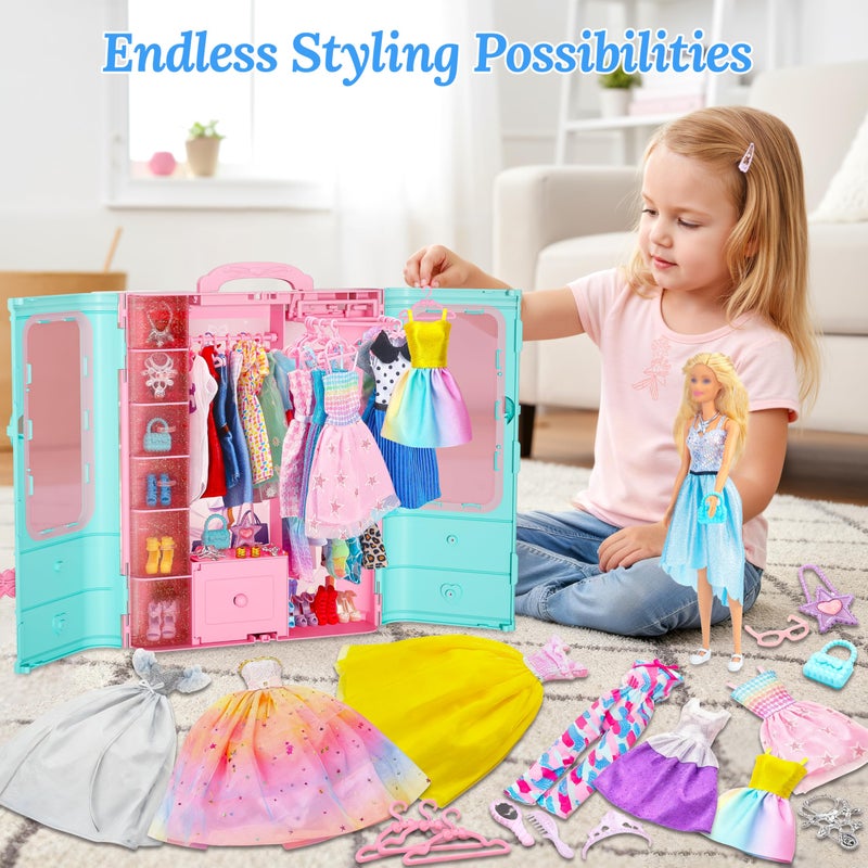 Style Shine 70 Pcs Closet Playset with Clothes & Accessories,2 Wedding Gowns 2 Casual Outfits 6 Fashion Dresses 2 Swimsuit 10 Shoes 27 Accessories 20 Hangers,Toys for Girls Kids Gifts - Image 4