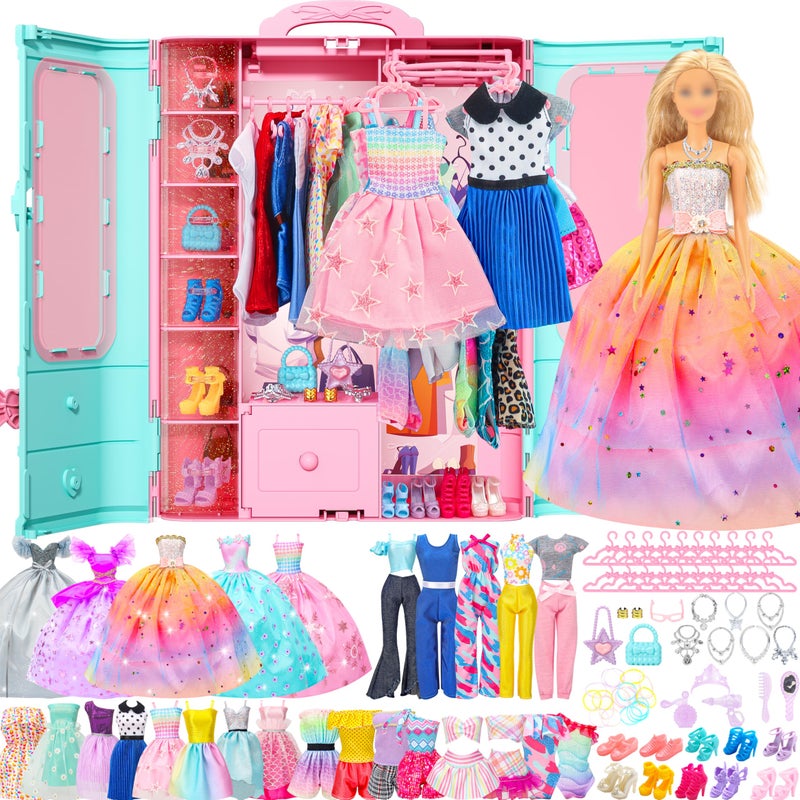 Style Shine 70 Pcs Closet Playset with Clothes & Accessories,2 Wedding Gowns 2 Casual Outfits 6 Fashion Dresses 2 Swimsuit 10 Shoes 27 Accessories 20 Hangers,Toys for Girls Kids Gifts - Image 1