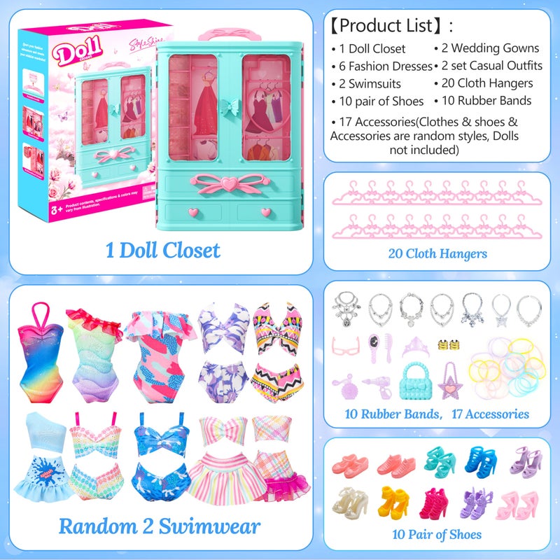 Style Shine 70 Pcs Closet Playset with Clothes & Accessories,2 Wedding Gowns 2 Casual Outfits 6 Fashion Dresses 2 Swimsuit 10 Shoes 27 Accessories 20 Hangers,Toys for Girls Kids Gifts - Image 3
