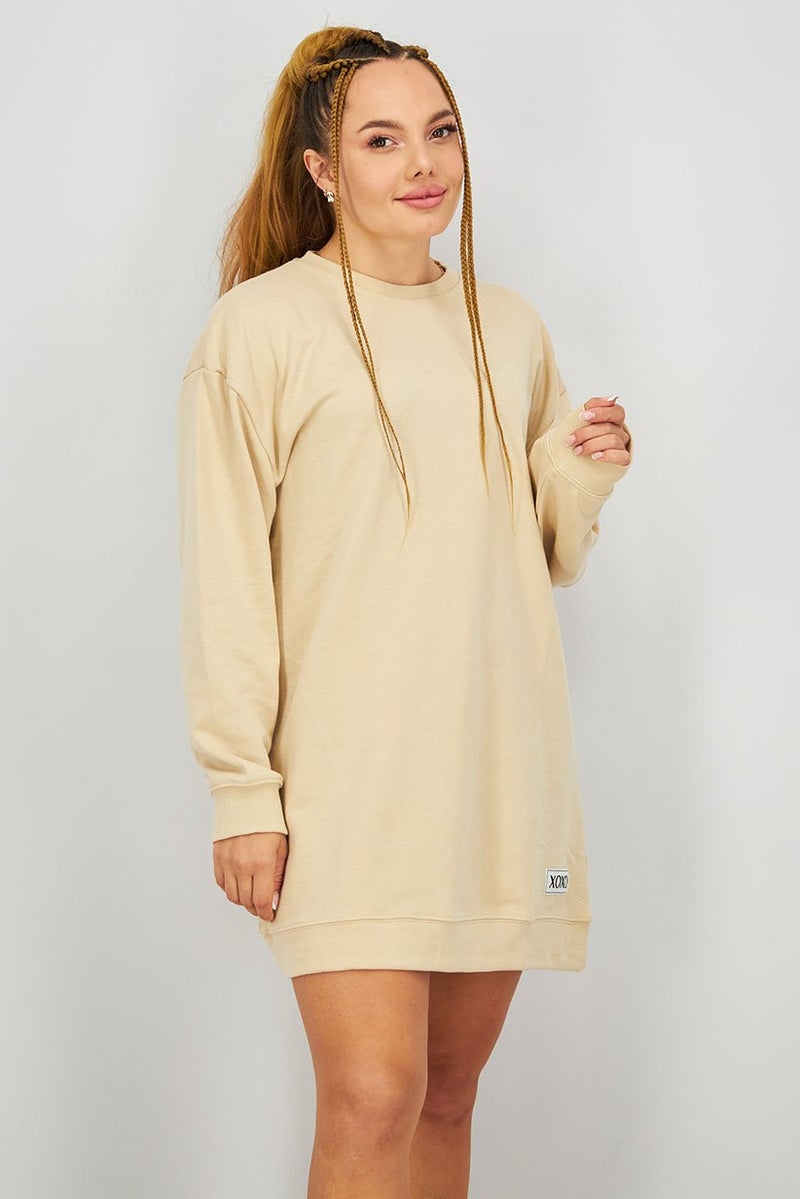 XOXO فستان نسائي بأكمام طويلة سادة، بيج - Image 1