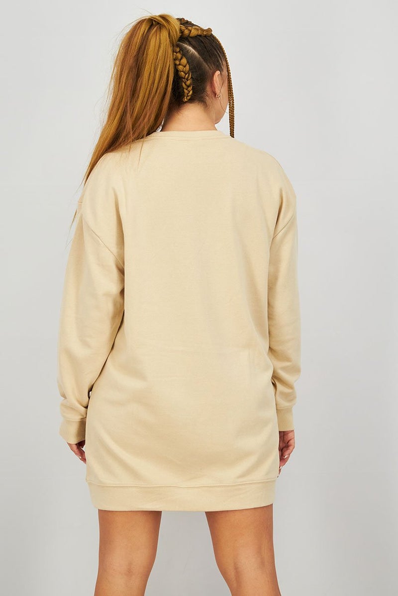 XOXO فستان نسائي بأكمام طويلة سادة، بيج - Image 3