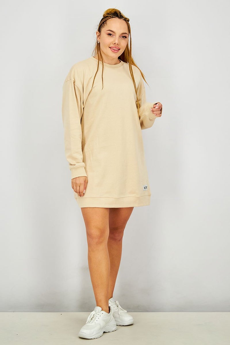 XOXO Women Long Sleeve Plain Dress, Beige - Image 2