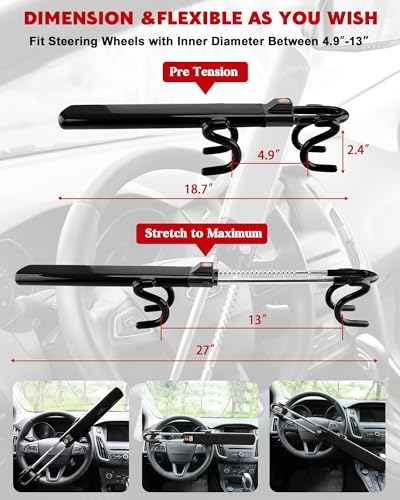 Tevlaphee Steering Wheel Lock Anti-Theft Car Device Heavy Duty Security Car Lock Antitheft Locking Devices Great Deterrent Adjustable Car Wheel Lock Anti Theft for Vehicle Truck with 3 Keys(Black) - Image 2
