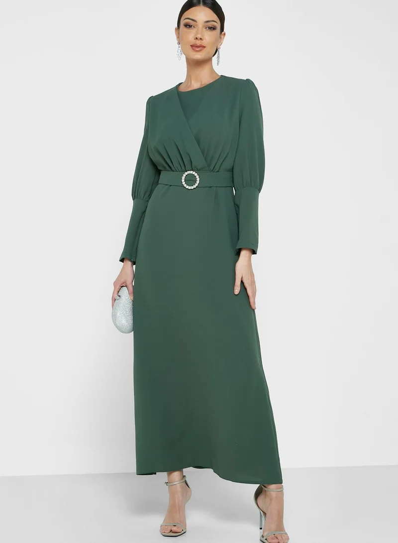 Khizana Belted Dress With High Neck