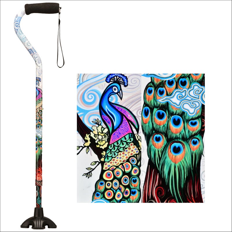 Nova Joy Designer Offset Quad Cane for Seniors - Unisex Adjustable Lightweight Walking Aid with Foam Handle, Wrist Strap and Anti-Rattle Lock - Essential Mobility Support - Proud Peacock - Image 1