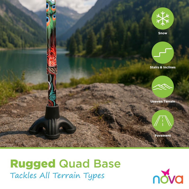 Nova Joy Designer Offset Quad Cane for Seniors - Unisex Adjustable Lightweight Walking Aid with Foam Handle, Wrist Strap and Anti-Rattle Lock - Essential Mobility Support - Proud Peacock - Image 2