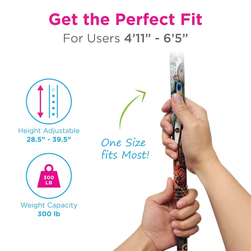 Nova Joy Designer Offset Quad Cane for Seniors - Unisex Adjustable Lightweight Walking Aid with Foam Handle, Wrist Strap and Anti-Rattle Lock - Essential Mobility Support - Proud Peacock - Image 3