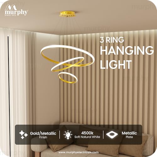 Murphy 3 Ring Modern LED Chandelier Ceiling Lamp | Gold Finish Pendant Light with 3 Color Modes (Cool White, Warm White, Natural White) for Living Room, Hall, Dining, Lobby – Pack of 1 - Image 2