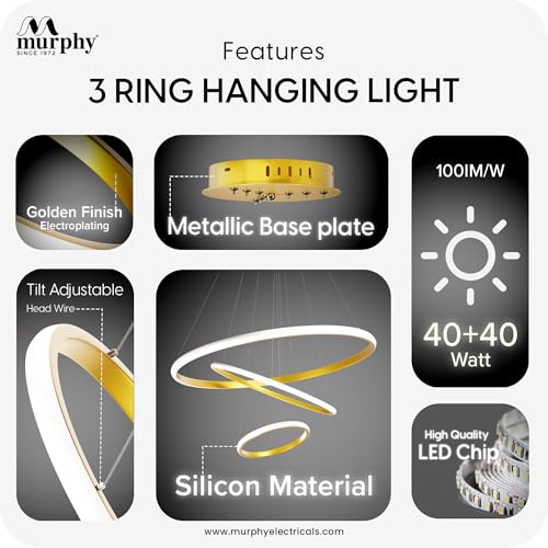 Murphy 3 Ring Modern LED Chandelier Ceiling Lamp | Gold Finish Pendant Light with 3 Color Modes (Cool White, Warm White, Natural White) for Living Room, Hall, Dining, Lobby – Pack of 1 - Image 4