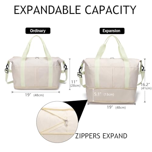 Ineetatu Expandable Duffle Bag for Travel Weekender Overnight Carry On Bag for Women Men Waterproof Large Capacity Travel Bag with Detachable Shoulder Strap and Wet PocketBeige - Image 3