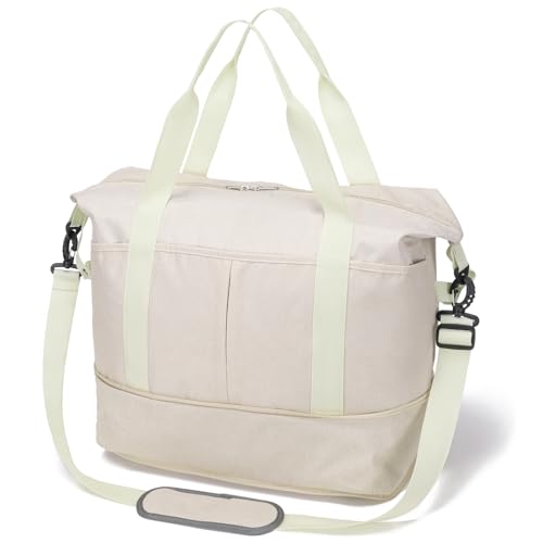 Ineetatu Expandable Duffle Bag for Travel Weekender Overnight Carry On Bag for Women Men Waterproof Large Capacity Travel Bag with Detachable Shoulder Strap and Wet PocketBeige - Image 1