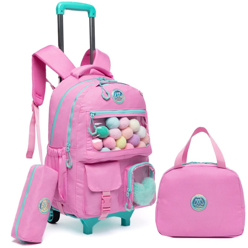 Oruiji Rolling Backpack for Girls Backpack with Wheels Cute Kid Rolling Backpack with Lunch Bag Pencil Case Kids Suitcases for Girls School Supplies for Elementary Primary School 812 Girls
