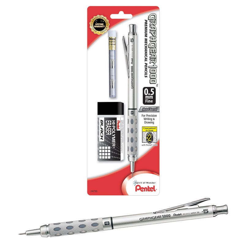 Pentel GraphGear 1000 Mechanical Pencil 0.5mm Premier Drafting Kit with 1 Pencil, 1 Eraser Refill Tube and 1 Eraser (PG1015EBP) - Image 5