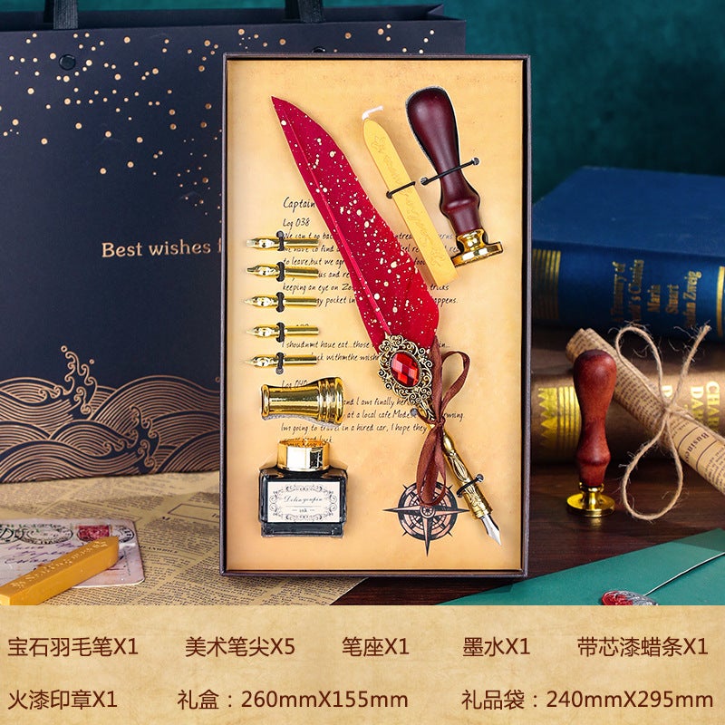 European style British style classic mechanical feather pen set dip pen new product dip pen calligraphy calligraphyPointed Jewel Quill Pen Set of 10-Wine Red (No Bag) Pointed Jewel Quill Pen Set of 10-Wine Red (No Bag)
