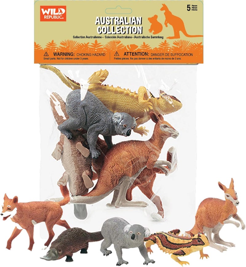 Wild Republic Australian Animal Collection - 5 Piece Set of Kangaroo, Koala, Dingo, Platypus, and Lizard
