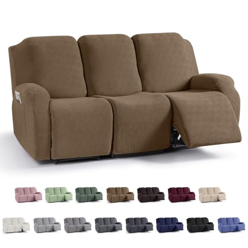 KinCam Recliner Covers Stretch Reclining Chair Covers Recliner Sofa Slipcovers Stripe Jacquard Recliner Couch Covers Furniture Protector Covers for Pet Kid 3 Seater Light Coffee