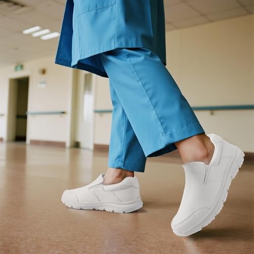 Jacata Non Slip Nursing Work Shoes for Women Water Slip Resistant Leather Slip on Womens Sneakers for Healthcare Medical Shoes (Size 11) White - Image 2