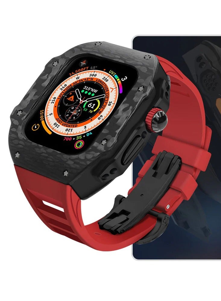 AROAQ Carbon Fiber Case For Apple Watch, 49mm Fluororubber Band Metal Bazel For Iwatch, Ultra Titanium Alloy Integrated Protective Case, (Carbon shell-black titanium frame-red tape) - Image 1